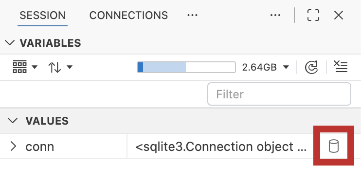 Variables pane showing a conn variable with sqlite3.Connection type and a database icon button highlighted with a red square.